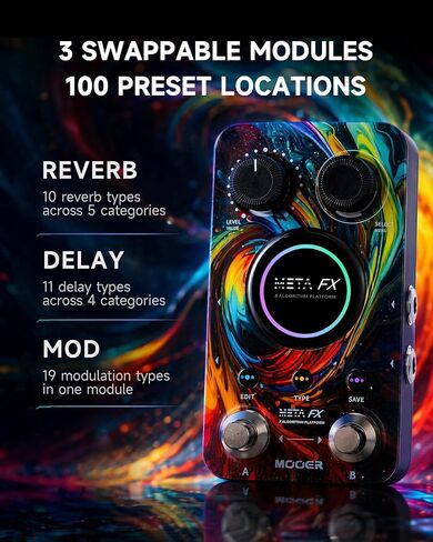 MOOER Meta FX Stereo Delay Reverb Mod Effects Peal 3 في 1 1.28 بوصة شاشة لمس ملونة Tempo 100 موقع محدد مسبقًا ممارسة سماعة الرأس الصامتة in Kuwait