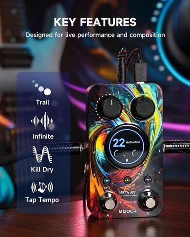 MOOER Meta FX Stereo Delay Reverb Mod Effects Peal 3 في 1 1.28 بوصة شاشة لمس ملونة Tempo 100 موقع محدد مسبقًا ممارسة سماعة الرأس الصامتة in Kuwait