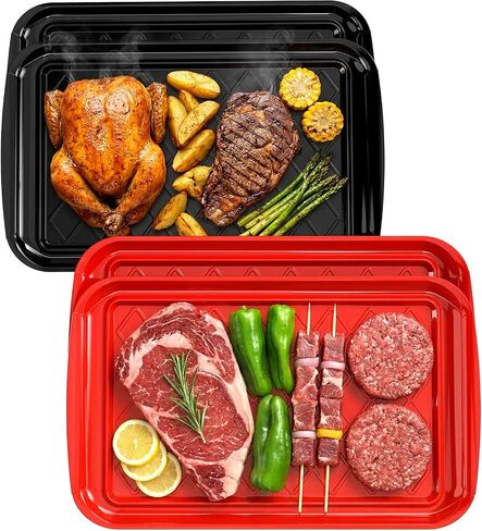 Grilling Prep & Serving Tray, Set of 2 Stackable Plastic BBQ Trays for Raw and Cooked Food, Dishwasher Safe, 17"×10.5" Outdoor Cooking, BBQ Accessories for Parties, Red & Black in Kuwait