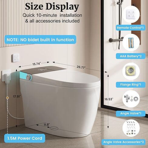 Smart Toilet with Elongated Heated Seat, Foot Sensor, Dual Auto Flush, One Piece Toilet for Bathroom, Electric Tankless Toilets with Night Light, LED Display & 1000g MaP Flush, 0.8/1.2 GPF in Kuwait
