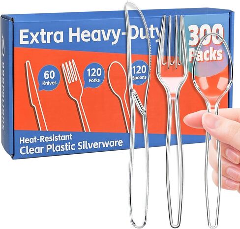 [300 Count] Clear Plastic Silverware Set, Heat Resistant Heavy Duty Plastic Utensils 120 Spoons & 120 Forks & 60 Knives, BPA-Free, Disposable Cutlery Set for Party Supply in Kuwait
