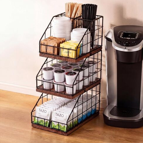 Coffee Bar Organizer 3 Tier - Countertop Condiment Station with 5 Detachable Compartments, Metal Mesh & Wood Shelf for Coffee Pod Sugar Tea Bag, Vintage Station Organizer for Kitchen Office Breakroom in Kuwait