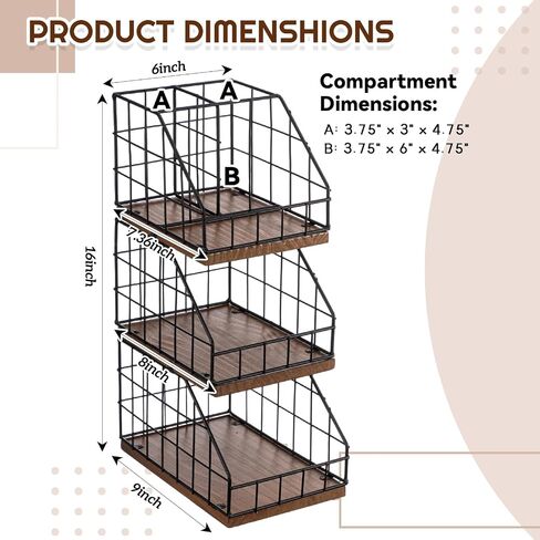 Coffee Bar Organizer 3 Tier - Countertop Condiment Station with 5 Detachable Compartments, Metal Mesh & Wood Shelf for Coffee Pod Sugar Tea Bag, Vintage Station Organizer for Kitchen Office Breakroom in Kuwait
