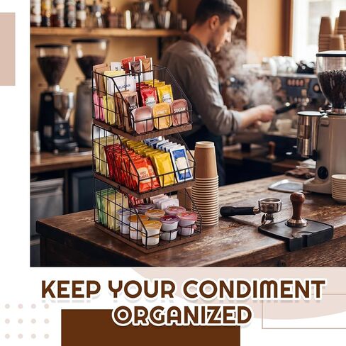 Coffee Bar Organizer 3 Tier - Countertop Condiment Station with 5 Detachable Compartments, Metal Mesh & Wood Shelf for Coffee Pod Sugar Tea Bag, Vintage Station Organizer for Kitchen Office Breakroom in Kuwait