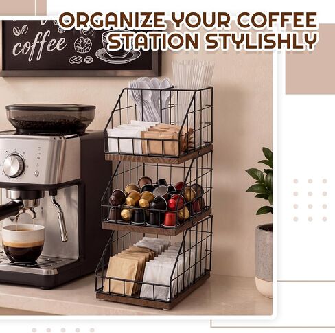 Coffee Bar Organizer 3 Tier - Countertop Condiment Station with 5 Detachable Compartments, Metal Mesh & Wood Shelf for Coffee Pod Sugar Tea Bag, Vintage Station Organizer for Kitchen Office Breakroom in Kuwait
