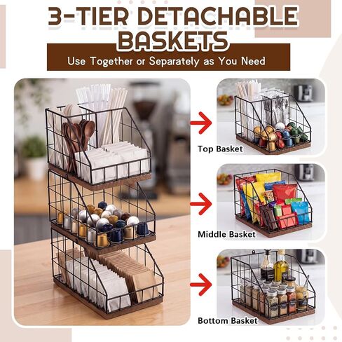 Coffee Bar Organizer 3 Tier - Countertop Condiment Station with 5 Detachable Compartments, Metal Mesh & Wood Shelf for Coffee Pod Sugar Tea Bag, Vintage Station Organizer for Kitchen Office Breakroom in Kuwait