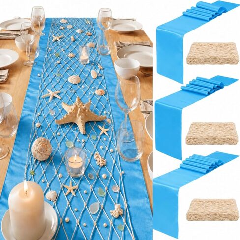 6 Pcs Decorative Fish Net & Satin Table Runners Set - 11.8 x 118'' Nautical Cotton Fishnet Decor, Assorted Dreamy Color Table Runners for Mermaid Birthday, Ocean Beach Under the Sea Party Decor in Kuwait