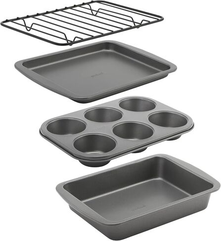 طقم فرن محمصة من الفولاذ غير اللاصق مكون من 4 قطع من GoodCook مع صينية صفيحة ورف وصينية كعكة ومقلاة مافن، رمادي، مجموعة مكونة من 4 قطع توزع الحرارة بالتساوي، طلاء غير لاصق، آمن للغسل في غسالة الأطباق in Kuwait