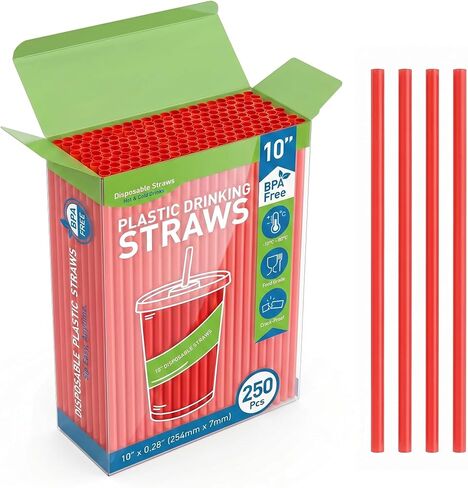 250Pcs Disposable Plastic Drinking Straws, 10 X 0.28 Inch Long Straight Straws, BPA-Free Food-Grade PP Heavy Duty Straws for Drinks, Kitchen, Club, Bar & Party (Red) in Kuwait