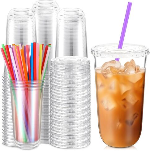 Ziliny 100 Pack 16 oz Plastic Cups with Lids and Straws Clear Disposable Round Bottom Coffee Cups Dirty Soda Bar Supplies for Iced Coffee, Cold Drinks, Juice, Smoothies, Milkshakes in Kuwait