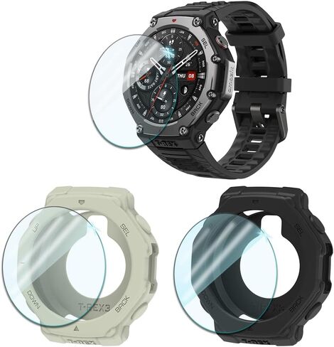 Compatible for Amazfit T-Rex 3 Screen Protector & Case, HD Tempered Glass Protective Film & Silicone Soft Cases (Pack of 3+2) in Kuwait