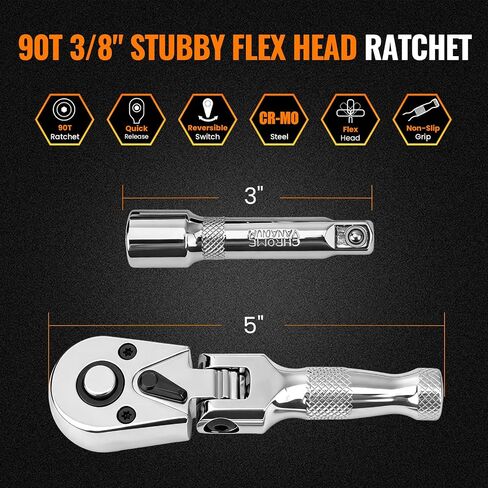 Stubby Flex Head 3/8" Drive Ratchet Wrench, 90T Mini Ratchet, Quick-Release Reversible with Cr-Mo Head and 3" Extension Bar for Tight Spaces in Kuwait
