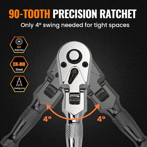 Stubby Flex Head 3/8" Drive Ratchet Wrench, 90T Mini Ratchet, Quick-Release Reversible with Cr-Mo Head and 3" Extension Bar for Tight Spaces in Kuwait