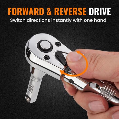 Stubby Flex Head 3/8" Drive Ratchet Wrench, 90T Mini Ratchet, Quick-Release Reversible with Cr-Mo Head and 3" Extension Bar for Tight Spaces in Kuwait