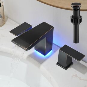 BESy Led 3 فتحة صنبور حوض الحمام، شلال برونزي مطلي بالزيت، صنبور حمام منتشر على نطاق واسع مع 3 ألوان متغيرة للضوء، صنبور منتشر على نطاق واسع بمقبضين مع خطوط إمداد مع تصريف منبثق in Kuwait