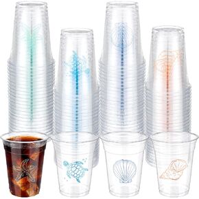 Qinyoung 100 Pcs Ocean Party Disposable Cups 12 oz Clear Plastic Cups with Sea Pattern Ocean Party Supplies for Sea Birthday Decoration Supplies(Seaside) in Saudi Arabia