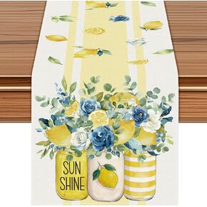 Lemon Floral Table Runner, Yellow and Blue, 72 x 13 Inch | Summer Sunshine Mason Jar Design in Kuwait