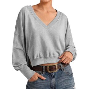 Hilinker Women's V Neck Oversized Sweatshirt Pullover Side Slit Casual Long Sleeve Crop Tops in Saudi Arabia