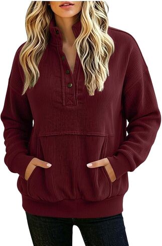 Womens Sweatshirt Corduroy Snap Stand Collar Textured Long Sleeve Pullover | cozy ribbed knit snap button stand collar kangaroo pocket plus size petite casual daily commute fall winter fashion 2026 in Kuwait