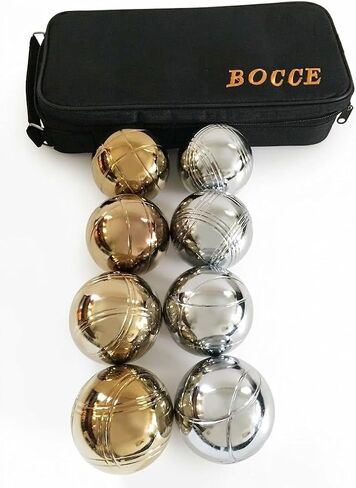 قائمة BuyBocceBalls - مجموعة لعبة البوتشي والبيتانك المعدنية مقاس 73 مم مع 8 كرات ذهبية وفضية (4 أنماط مخططة) وحقيبة خضراء - مفردة in Kuwait