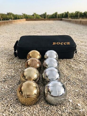 قائمة BuyBocceBalls - مجموعة لعبة البوتشي والبيتانك المعدنية مقاس 73 مم مع 8 كرات ذهبية وفضية (4 أنماط مخططة) وحقيبة خضراء - مفردة in Kuwait