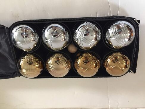 قائمة BuyBocceBalls - مجموعة لعبة البوتشي والبيتانك المعدنية مقاس 73 مم مع 8 كرات ذهبية وفضية (4 أنماط مخططة) وحقيبة خضراء - مفردة in Kuwait