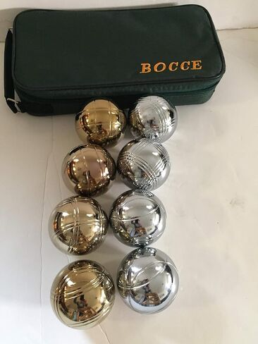 قائمة BuyBocceBalls - مجموعة لعبة البوتشي والبيتانك المعدنية مقاس 73 مم مع 8 كرات ذهبية وفضية (4 أنماط مخططة) وحقيبة خضراء - مفردة in Kuwait