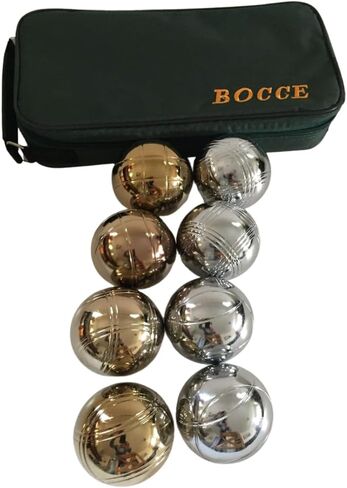 قائمة BuyBocceBalls - مجموعة لعبة البوتشي والبيتانك المعدنية مقاس 73 مم مع 8 كرات ذهبية وفضية (4 أنماط مخططة) وحقيبة خضراء - مفردة in Kuwait