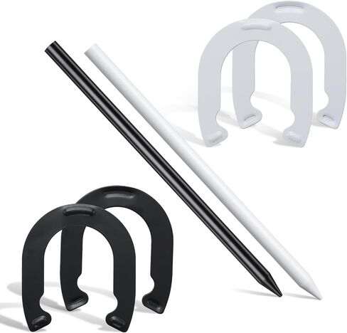 COCONUT Horseshoes Outside Game for Kids, Metal Horse Shoes Game Kit Includes 4 Horseshoes 2 Stakes, Backyard Beach Outdoor Game for Kids （Not for Adults） White Black in Kuwait