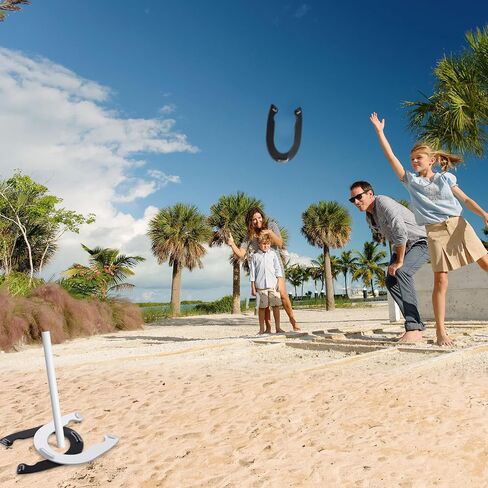 COCONUT Horseshoes Outside Game for Kids, Metal Horse Shoes Game Kit Includes 4 Horseshoes 2 Stakes, Backyard Beach Outdoor Game for Kids （Not for Adults） White Black in Kuwait