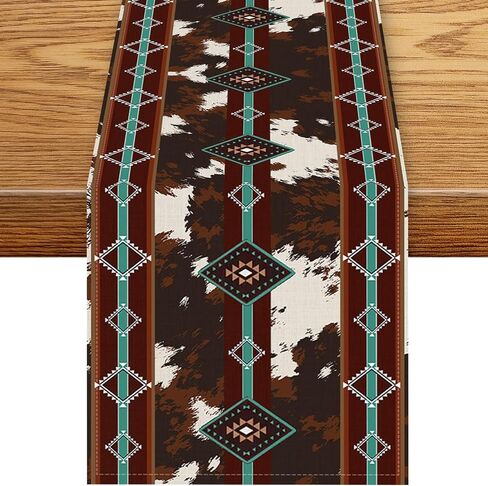 Western Table Runner, Farmhouse Vintage Cow Print Teal Aztec Southwest Skin Cowhide Tribal Cottage Coffee Table Center Decor for Family Kitchen Outdoor Holiday Party Table Decorations, 13"x36" in Kuwait