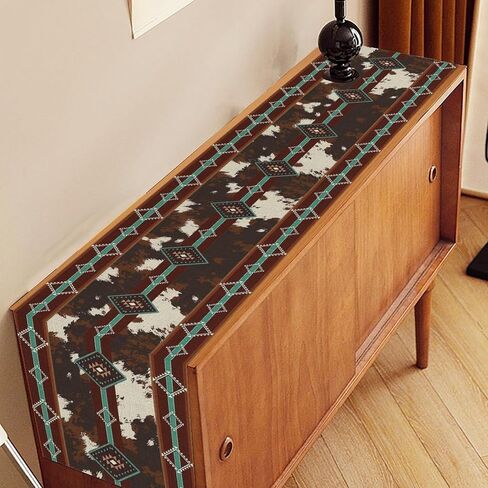 Western Table Runner, Farmhouse Vintage Cow Print Teal Aztec Southwest Skin Cowhide Tribal Cottage Coffee Table Center Decor for Family Kitchen Outdoor Holiday Party Table Decorations, 13"x36" in Kuwait