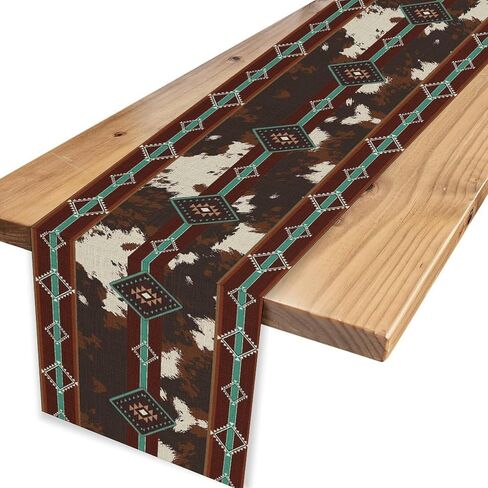 Western Table Runner, Farmhouse Vintage Cow Print Teal Aztec Southwest Skin Cowhide Tribal Cottage Coffee Table Center Decor for Family Kitchen Outdoor Holiday Party Table Decorations, 13"x36" in Kuwait