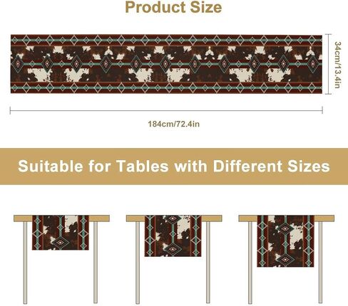 Western Table Runner, Farmhouse Vintage Cow Print Teal Aztec Southwest Skin Cowhide Tribal Cottage Coffee Table Center Decor for Family Kitchen Outdoor Holiday Party Table Decorations, 13"x36" in Kuwait