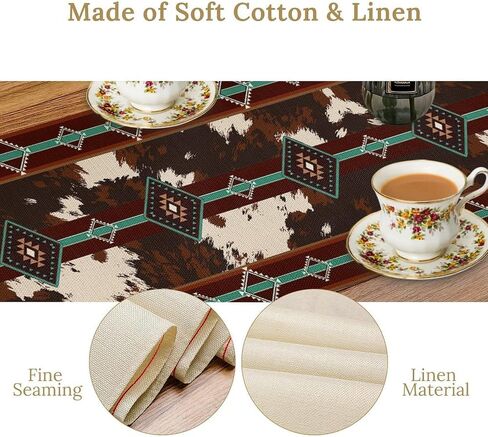 Western Table Runner, Farmhouse Vintage Cow Print Teal Aztec Southwest Skin Cowhide Tribal Cottage Coffee Table Center Decor for Family Kitchen Outdoor Holiday Party Table Decorations, 13"x36" in Kuwait
