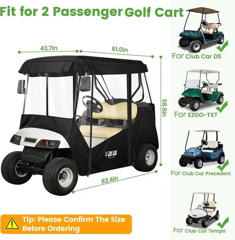 حاوية عربة الجولف للركاب 10L0L - 61 بوصة سقف مناسب عالمي لـ EZGO TXT RXV & Club Car DS Precedent Tempo مع فتحات مرآة جانبية، غطاء مطر مقاوم للماء 600D، ضوء خلفي شفاف in Kuwait