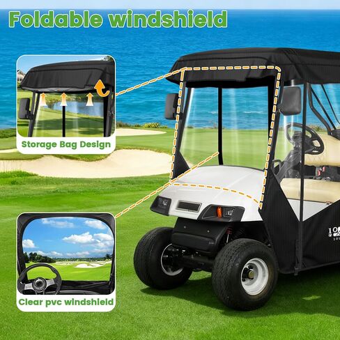 حاوية عربة الجولف للركاب 10L0L - 61 بوصة سقف مناسب عالمي لـ EZGO TXT RXV & Club Car DS Precedent Tempo مع فتحات مرآة جانبية، غطاء مطر مقاوم للماء 600D، ضوء خلفي شفاف in Kuwait