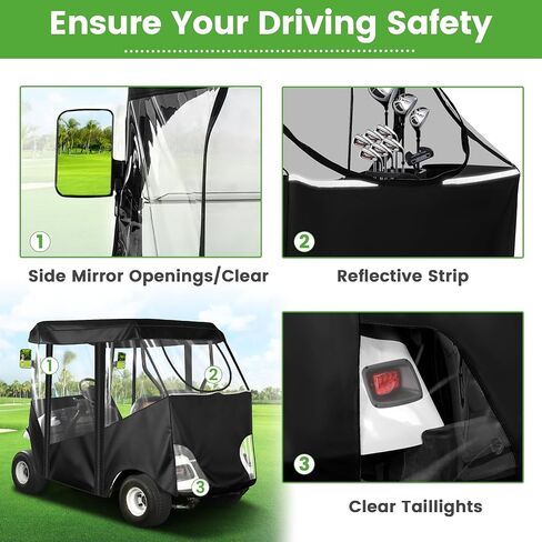 حاوية عربة الجولف للركاب 10L0L - 61 بوصة سقف مناسب عالمي لـ EZGO TXT RXV & Club Car DS Precedent Tempo مع فتحات مرآة جانبية، غطاء مطر مقاوم للماء 600D، ضوء خلفي شفاف in Kuwait