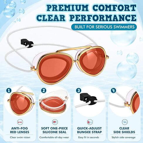 Sabary Sunglasses Goggles for Adult Women Men Retro Pilot Swim Goggles No Leak Wide View Pool Glasses with Adjustable Elastic Strap for Summer Outdoor Travel(Red) in Kuwait