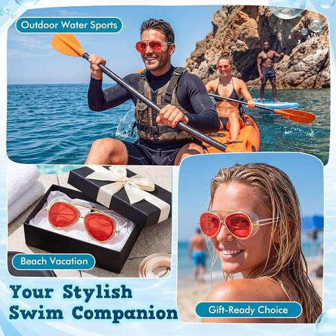 Sabary Sunglasses Goggles for Adult Women Men Retro Pilot Swim Goggles No Leak Wide View Pool Glasses with Adjustable Elastic Strap for Summer Outdoor Travel(Red) in Kuwait