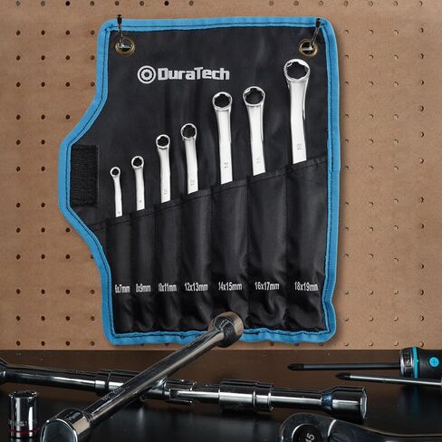 DURATECH 7-Piece Anti-slip Offset Box Wrench Set, Bolt Extractor Wrench Set, Metric, 6-19mm, 50-Degree Offset, CR-V Steel, with Rolling Pouch in Kuwait