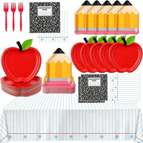 LINHAXM 73Pcs Back to School Decorations, First Day of School Decorations with Apple Plates, Pencil Plates, Napkins, Forks and Tablecloth for Back to School Classroom Party Supplies, Serves 24 in Kuwait