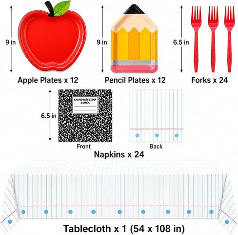 LINHAXM 73Pcs Back to School Decorations, First Day of School Decorations with Apple Plates, Pencil Plates, Napkins, Forks and Tablecloth for Back to School Classroom Party Supplies, Serves 24 in Kuwait