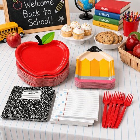 LINHAXM 73Pcs Back to School Decorations, First Day of School Decorations with Apple Plates, Pencil Plates, Napkins, Forks and Tablecloth for Back to School Classroom Party Supplies, Serves 24 in Kuwait