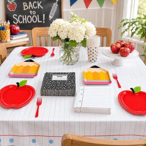 LINHAXM 73Pcs Back to School Decorations, First Day of School Decorations with Apple Plates, Pencil Plates, Napkins, Forks and Tablecloth for Back to School Classroom Party Supplies, Serves 24 in Kuwait