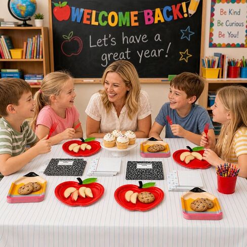 LINHAXM 73Pcs Back to School Decorations, First Day of School Decorations with Apple Plates, Pencil Plates, Napkins, Forks and Tablecloth for Back to School Classroom Party Supplies, Serves 24 in Kuwait