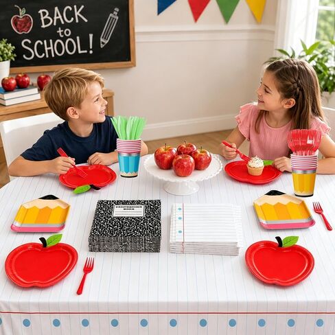 LINHAXM 73Pcs Back to School Decorations, First Day of School Decorations with Apple Plates, Pencil Plates, Napkins, Forks and Tablecloth for Back to School Classroom Party Supplies, Serves 24 in Kuwait