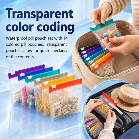 14Pcs Self Sealing Zipper Medicine Bags, 2026 Reusable Pill Pouch Bags Travel Plastic Bags with Slide Lock for Storage, Water-Resistant Pill Pouch Set for Medicine Vitamins Small Daily Items Storage in Kuwait