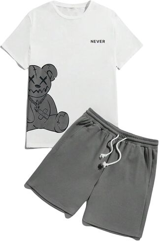 Men's Bear Graphic Outfits Short Sleeve Top and Shorts Casual Two Piece Sets in Kuwait