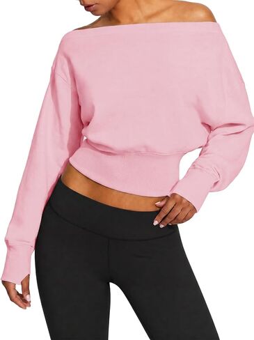 Fisoew Womens Off the Shoulder Sweatshirt Cinched Waist Crop Tops Oversized Long Sleeve Pullover Workout Shirts in Kuwait